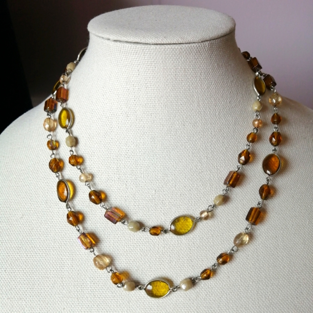 Vintage Necklace Faux Amber Beads Silvertone Two-Strand